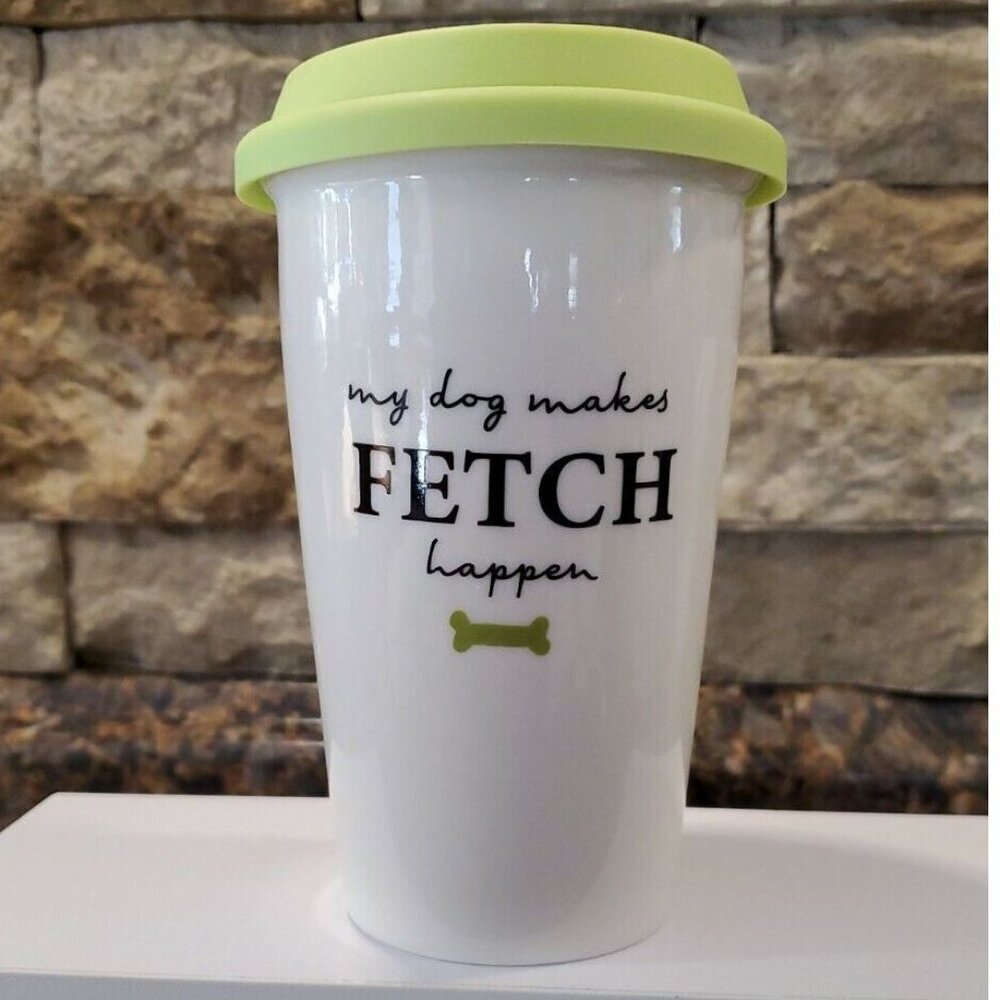IQ accessories Coffee Mug w/lid My dog Makes Fetch Happen  Lime green